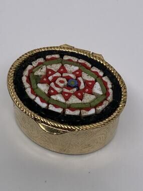 Vintage Italian Micro Mosaic Trinket Pill Box Floral Black And Red Mosaic